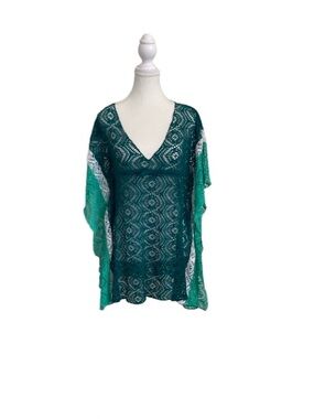 BECCA Teal & Emerald Lace V-Neck Swim Cover-Up - Sheer Tunic - SizeXS